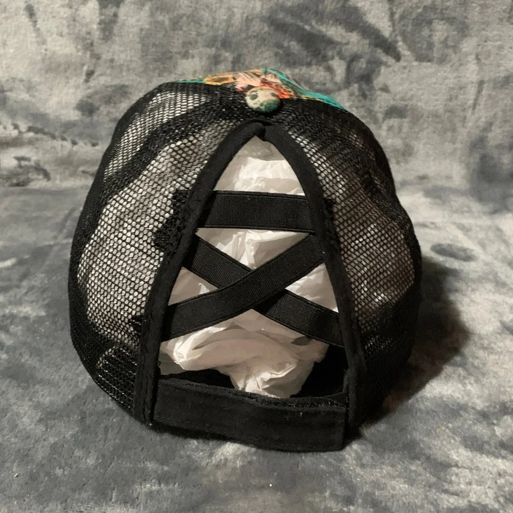 Womens Western Bull Skull Sunflower Ponytail Trucker Hat Mesh Back Cap Multi